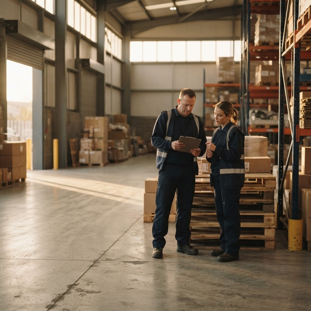 Warehouse staff reviewing a shift schedule beside pallet racking in early morning light