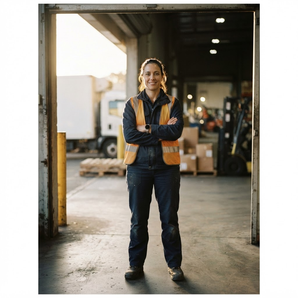 Warehouse worker standing in a bright loading bay doorway